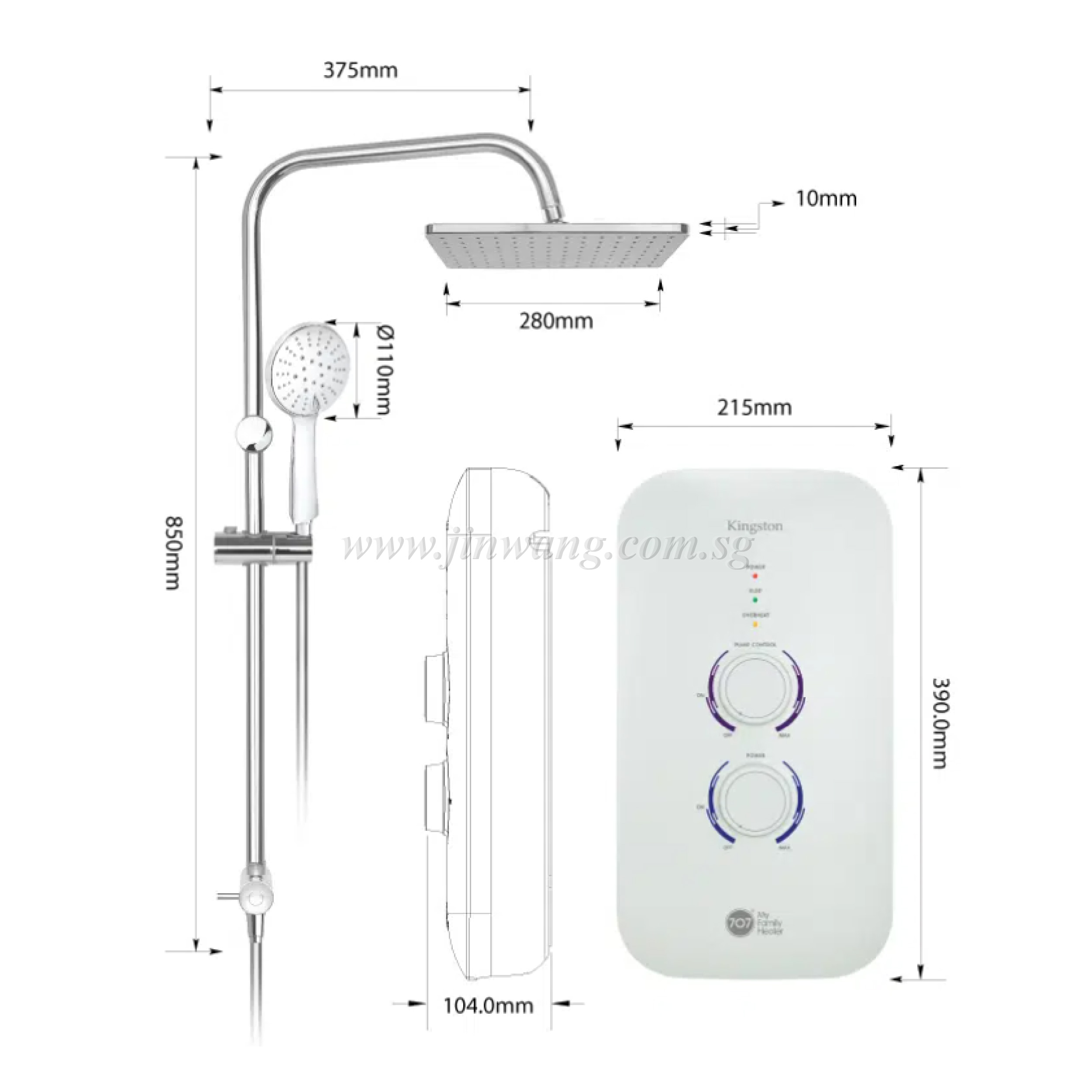 Kingston White Instant Water Heater With Rain Shower Set