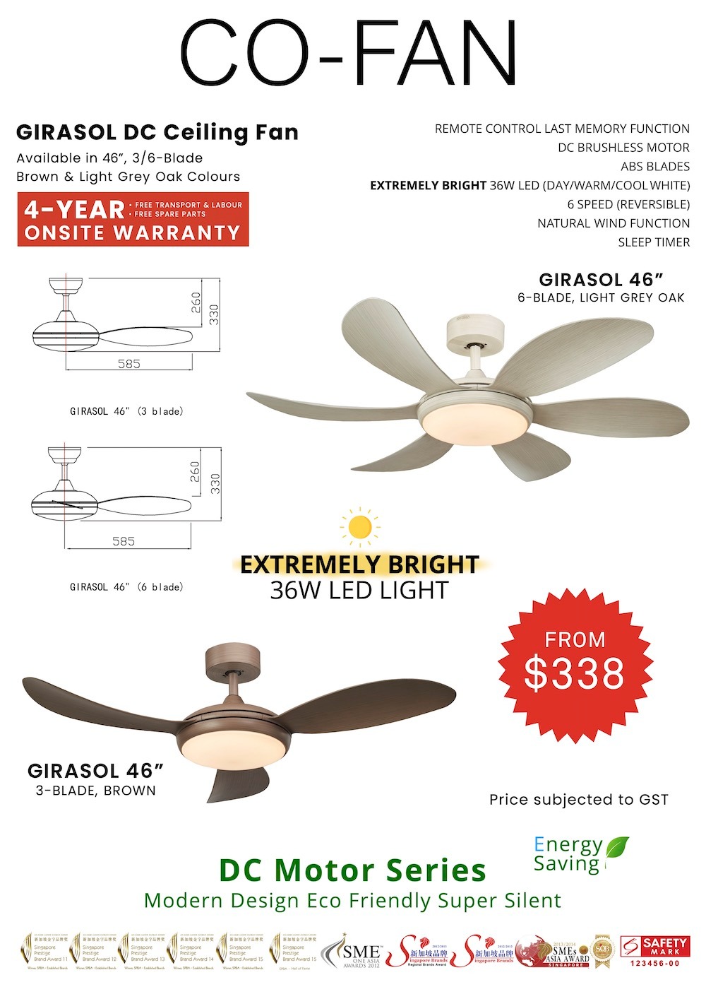 Sale! 3Blade / 6Blade 46in DC Motor Extremely Bright 36W LED Ceiling Fan Girasol Fanco