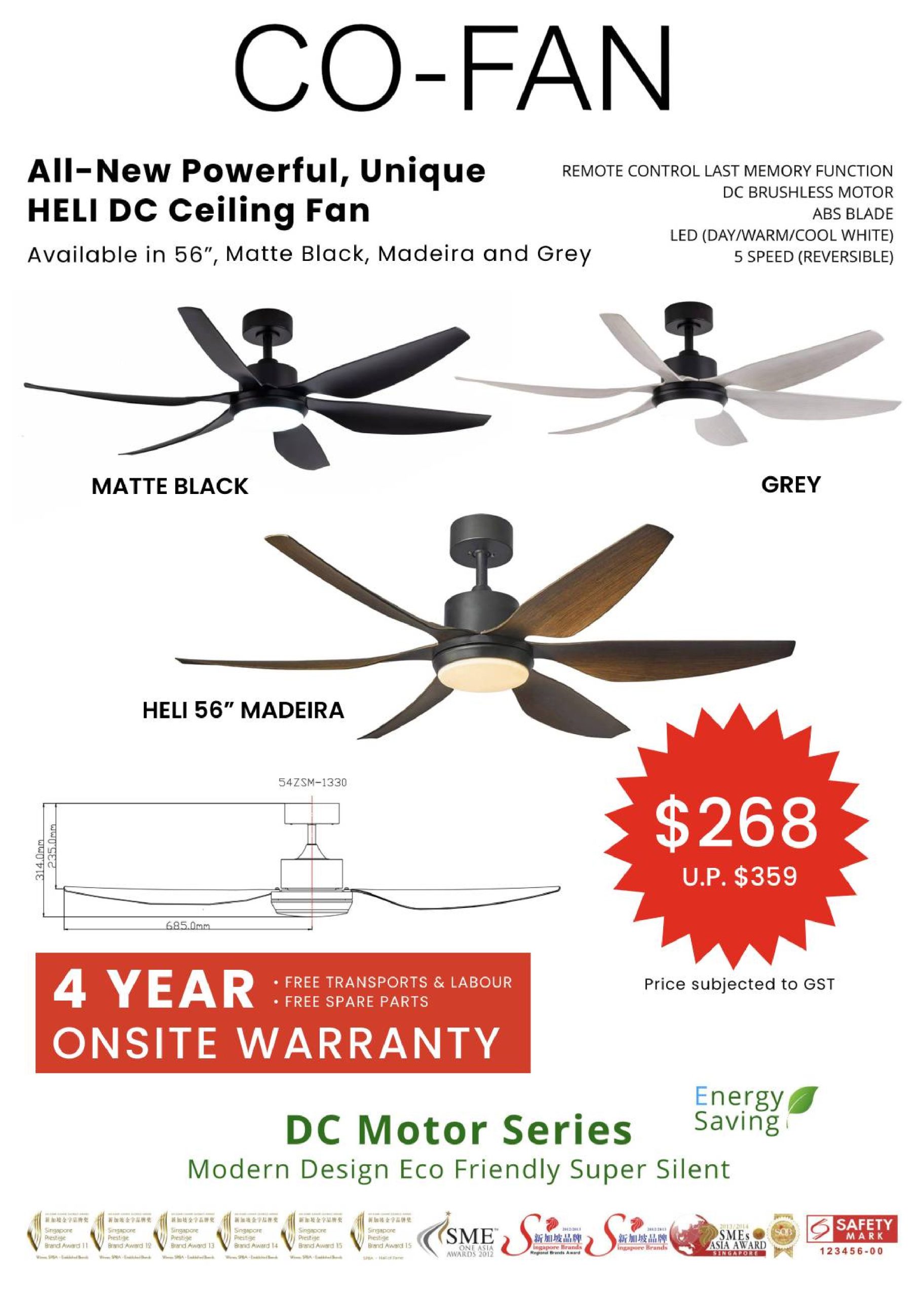 6Blade 56in DC Motor LED Ceiling Fan Heli Fanco