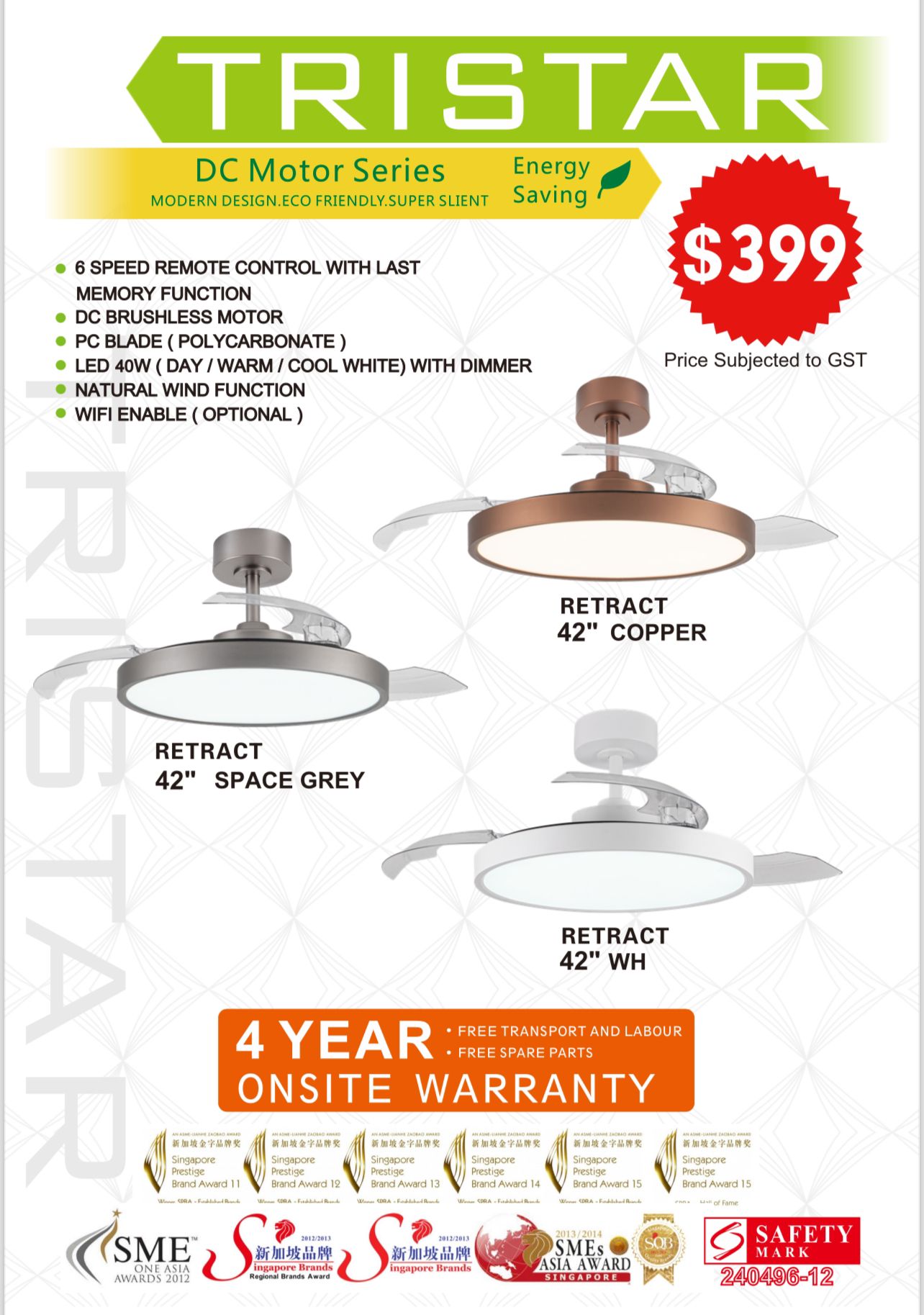 3Blade 42in DC Motor Retractable Blades 40W LED Ceiling Fan Optional Smart Retract Fanco