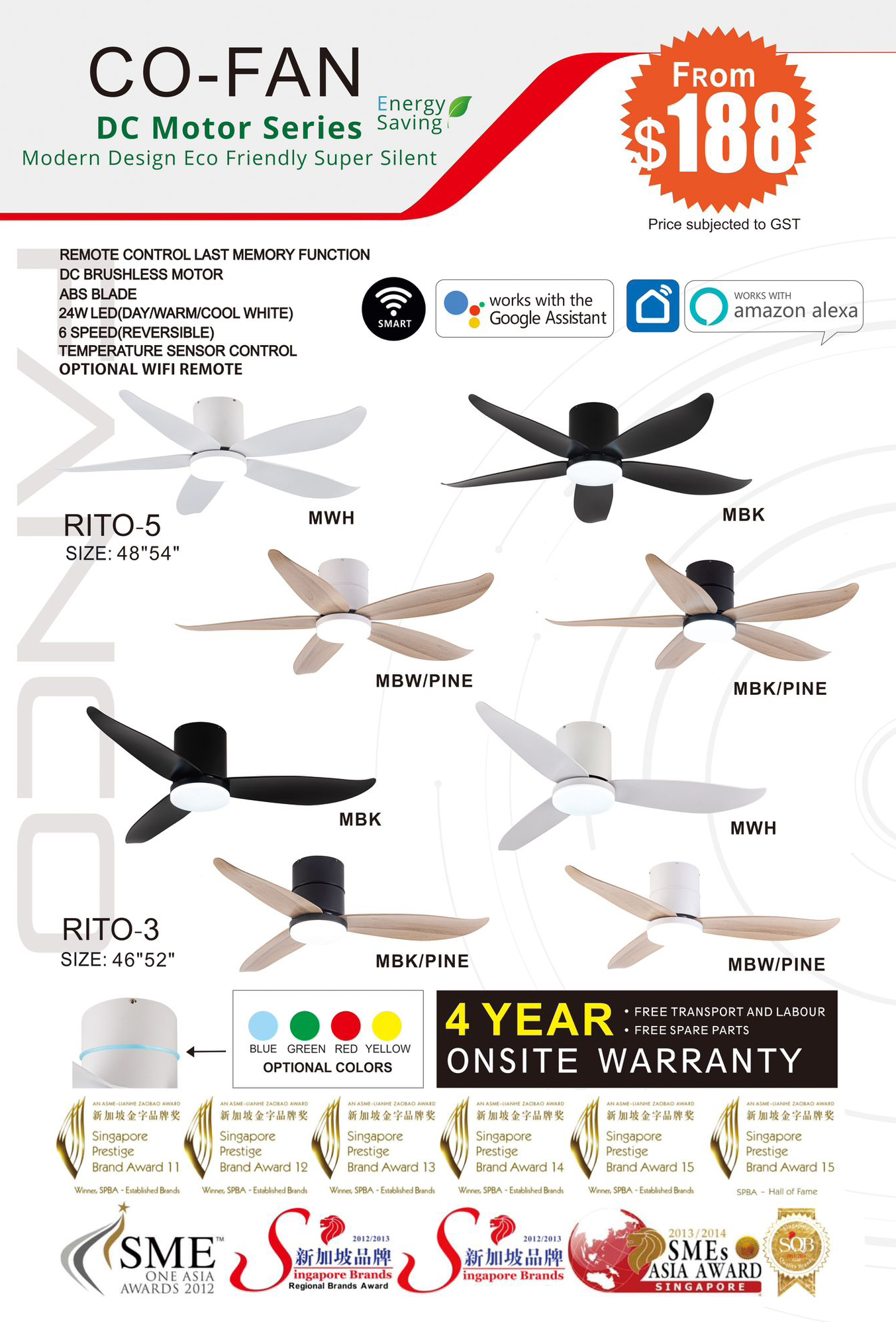 3Blade 46in / 52in | 5Blade 48in / 54in DC Motor LED Ceiling Fan Optional Smart RITO-3 / RITO-5 Fanco