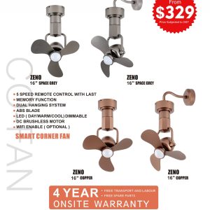 16in DC Motor LED Corner Ceiling Fan | Corner Wall Fan Optional Smart Zeno Fanco