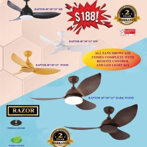 3Blade 33in / 38in / 48in DC Motor Ceiling Fan Optional LED Light Raptor Bestar