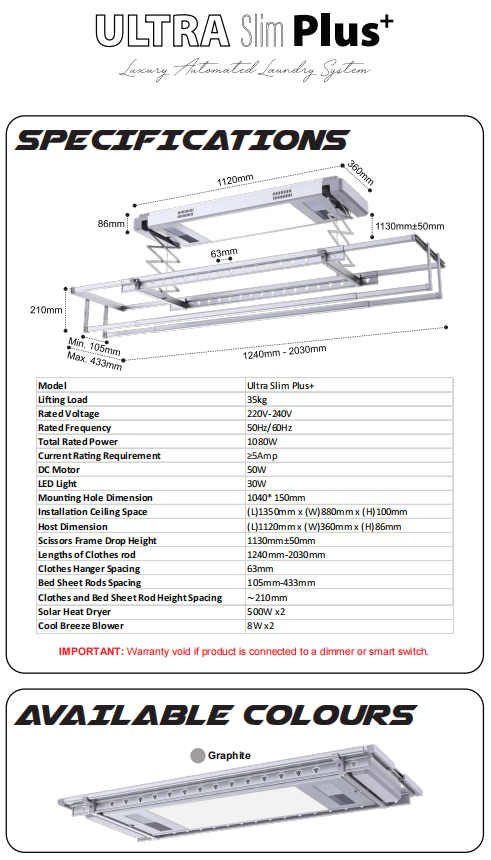 Free Install Smart Ultra Slim Plus Laundry Drying Rack System with Light and Dual Heat Dryer and Remote