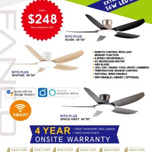5Blade 46in / 56in DC Motor LED Ceiling Fan Optional Smart RITO PLUS Fanco