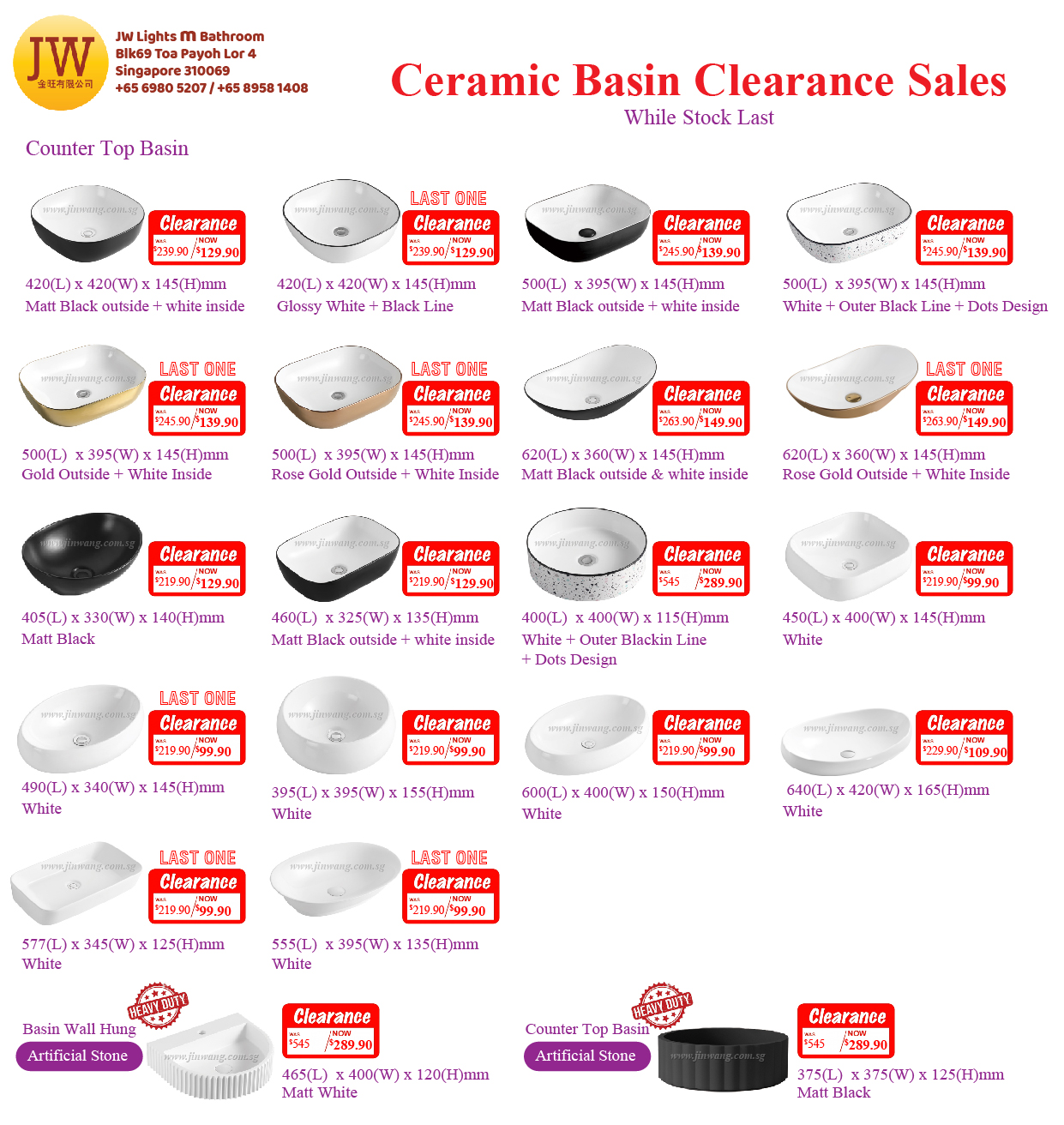 Clearance Stock Ceramic Wall Hung Basin, Top Mount Basin, Vanity Basin and Pop-up Waste