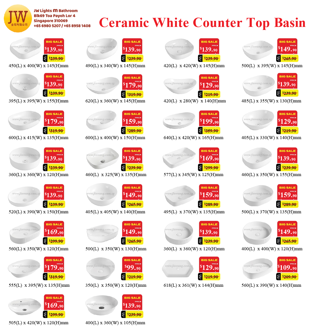Clearance Stock Ceramic Wall Hung Basin, Top Mount Basin, Vanity Basin and Pop-up Waste