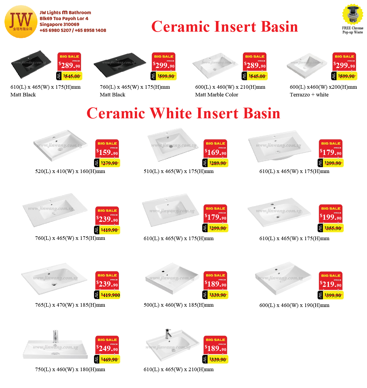 Clearance Stock Ceramic Wall Hung Basin, Top Mount Basin, Vanity Basin and Pop-up Waste