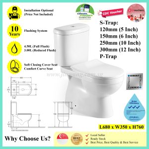 [Climate Voucher] 5in / 6 in / 10in / 12in / P-Trap Two-Piece Toilet Bowl JWVA338